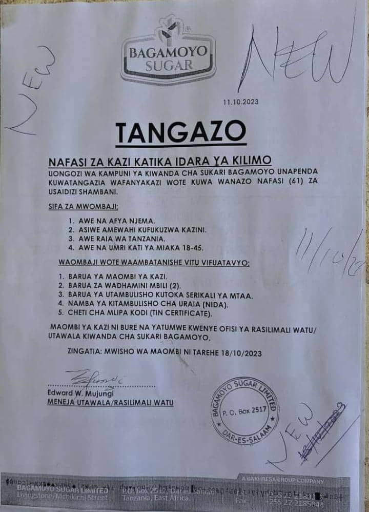 Nafasi za kazi Bagamoyo Sugar 61
