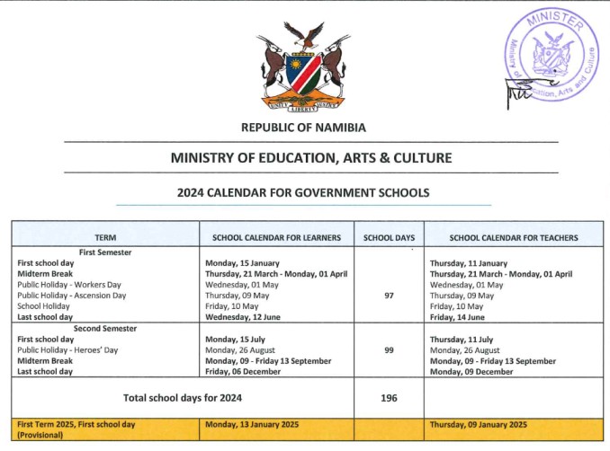 Namibia Government School Calendar