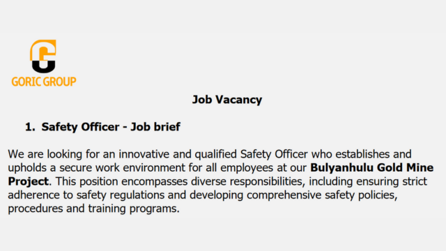 Safety Officer job vacancy at Goric Group Limited